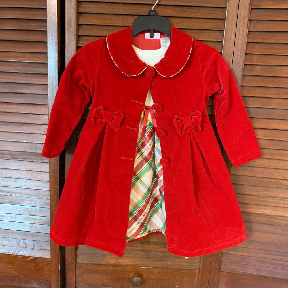 Blueberi Boulevard Christmas Plaid Jumper Dress & Plaid Trim Pleated Coat